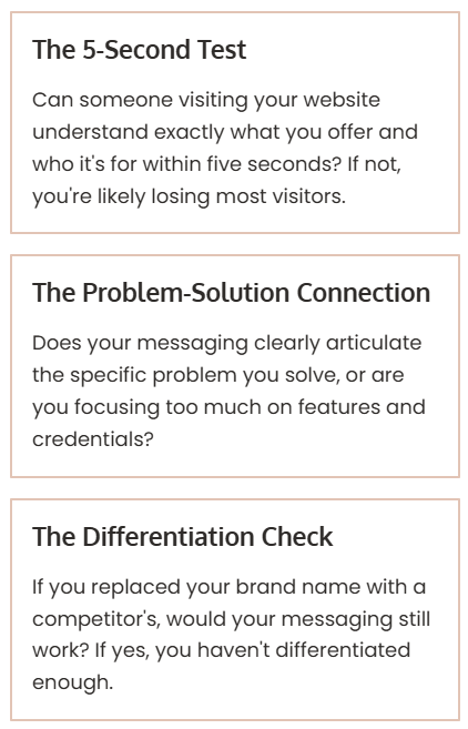 Screenshot 2025-08-19 175501 Text in three vertical boxes that read top to bottom: The 5-Second Test Can someone visiting your website understand exactly what you offer and who it's for within five seconds? If not, you're likely losing most visitors. The Problem-Solution Connection Does your messaging clearly articulate the specific problem you solve, or are you focusing too much on features and credentials? The Differentiation Check If you replaced your brand name with a competitor's, would your messaging still work? If yes, you haven't differentiated enough.